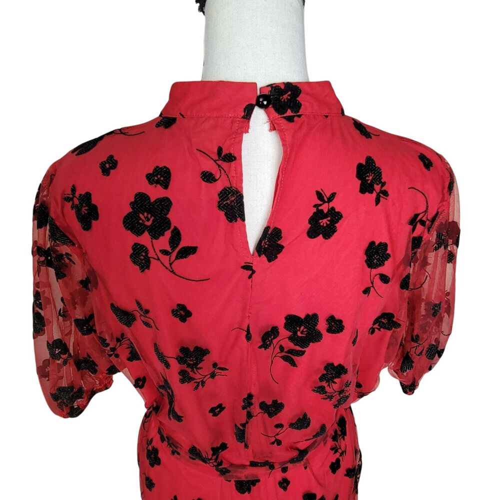 SHEIN Red and black Floral Dress Puff Sleeve Chiffon Boho Style XL - Picture 3 of 13